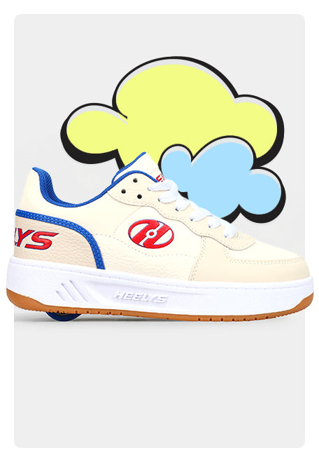 Beige Boys Heelys roller shoes with colorful cloud graphics on a white background