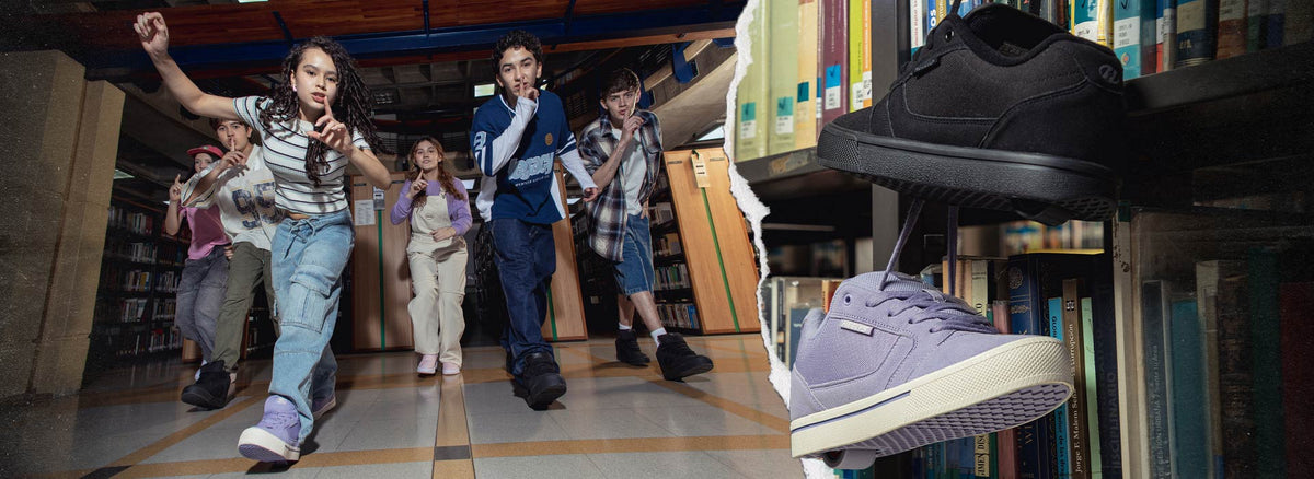 A collage image showing several children Heelying down a library aisle on the left, and a close-up of black and lavender Heelys hanging from a bookshelf on the right.