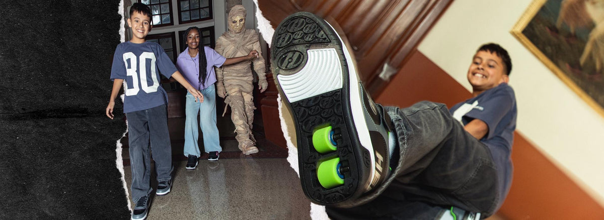 A collage image showing a boy wearing two wheel Heelys with his leg extended towards the camera. On the left a mummy figure rolls in Heelys with two children in a hallway.