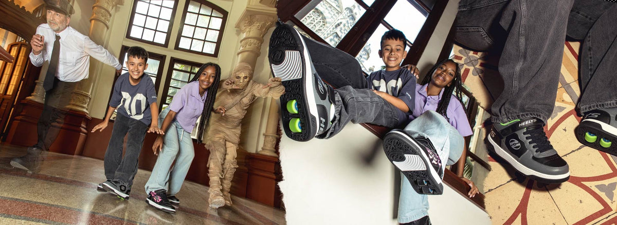 A collage photo showing children wearing black and white two wheel Heelys with bright green accents in a museum hallway setting. 
