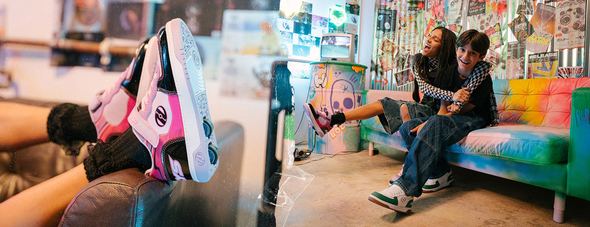 Girls 2 Wheel Heelys roller shoes - Person wearing pink and black dual wheel Heelys with a colorful sofa and people in the background