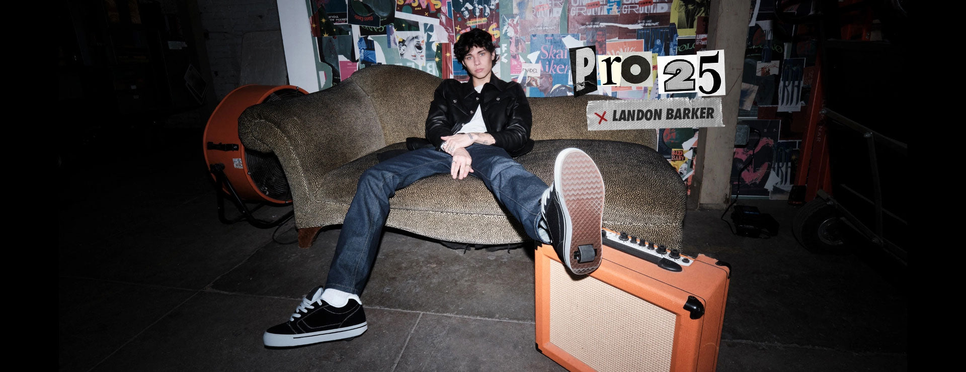 Landon Barker wearing Pro 25 Heelys , sitting on a sofa, with 'Pro 25' and 'Landon Barker' text overlay.