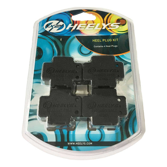 Heelys heel plug kit packaging with four black heel plugs on a colorful background
